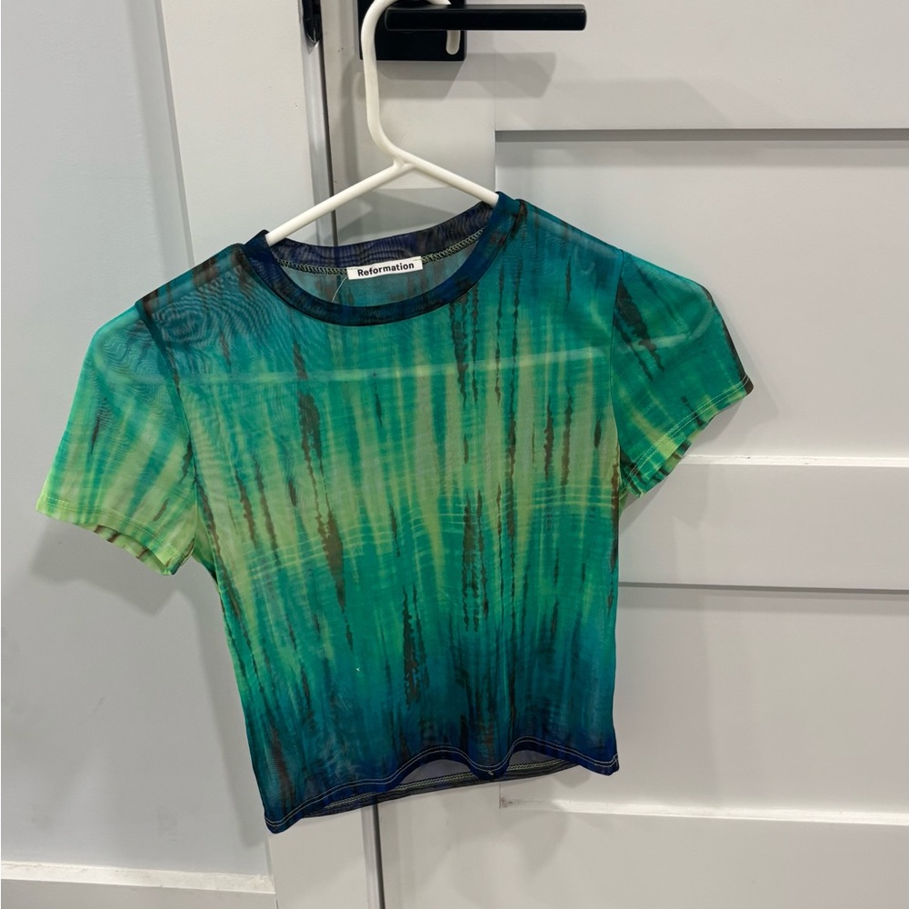 Reformation Blue-Green Tie-Dye Short Sleeve Top